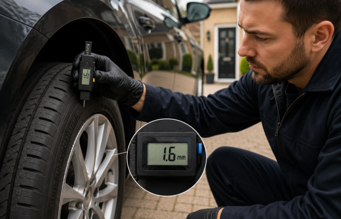 Technician checking a car tyre with a tread depth gauge showing the UK legal minimum of 1.6 mm.