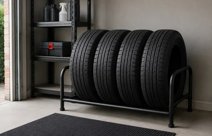 Car tyres stored correctly in a clean, dry garage.