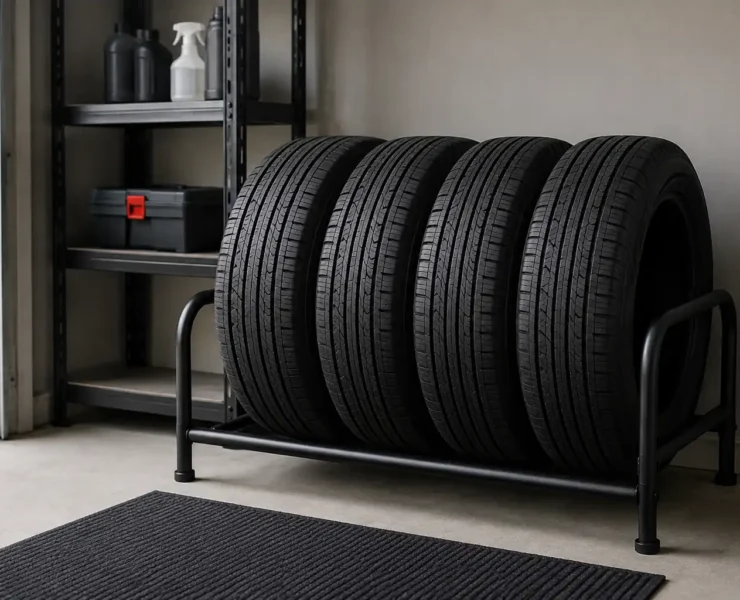 Car tyres stored correctly in a clean, dry garage.