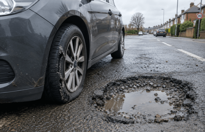 Car with tyre damage after hitting a pothole on a UK road
