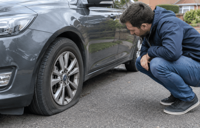 A realistic UK driveway or roadside scene showing a car tyre that has visibly lost pressure, with a driver crouched down inspecting it
